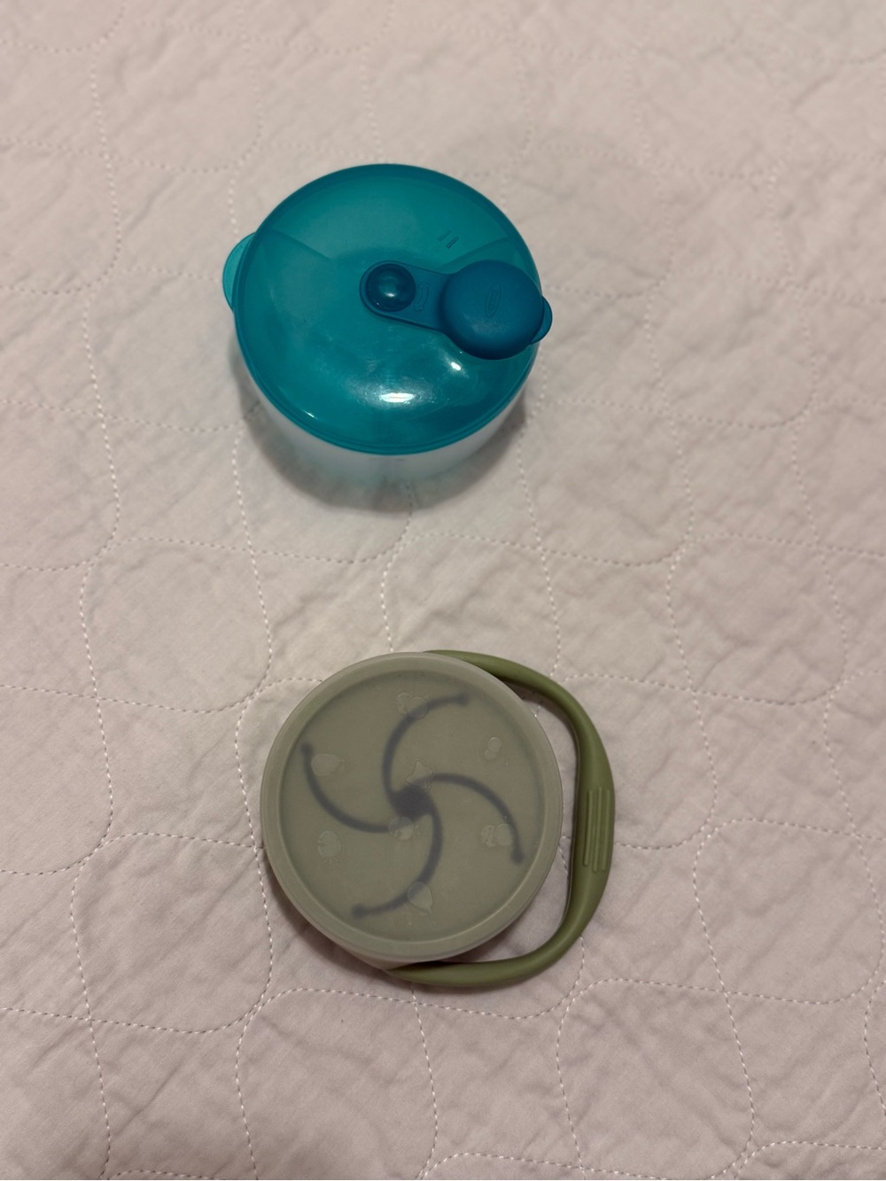 Turquoise Plastic Formula Container and Green Silicone Snack Container